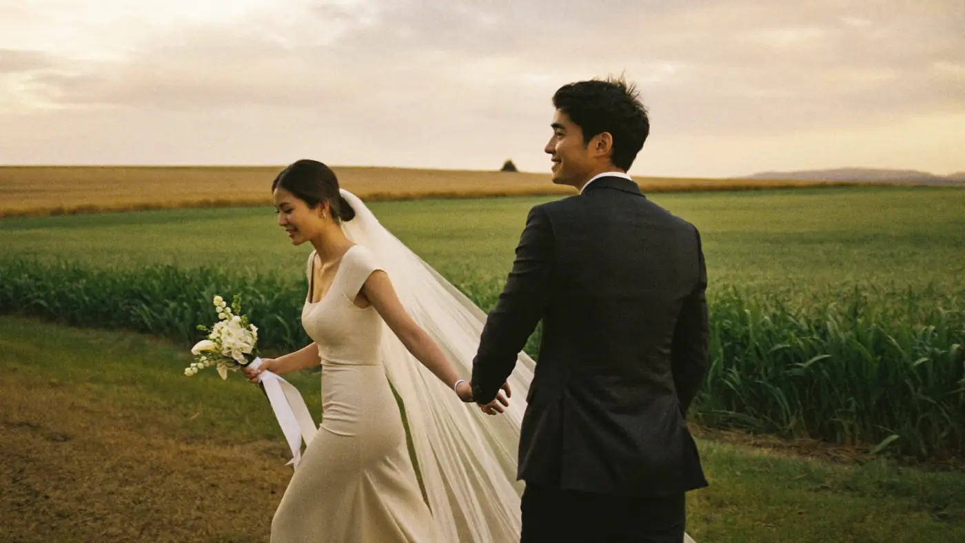 A bride and groom walking through a field at golden hour